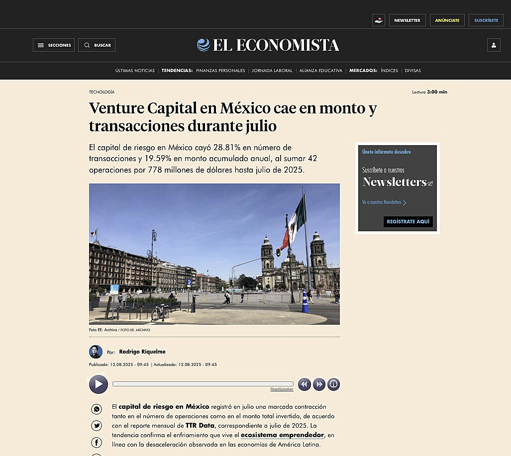 Venture Capital en Mxico cae en monto y transacciones durante julio